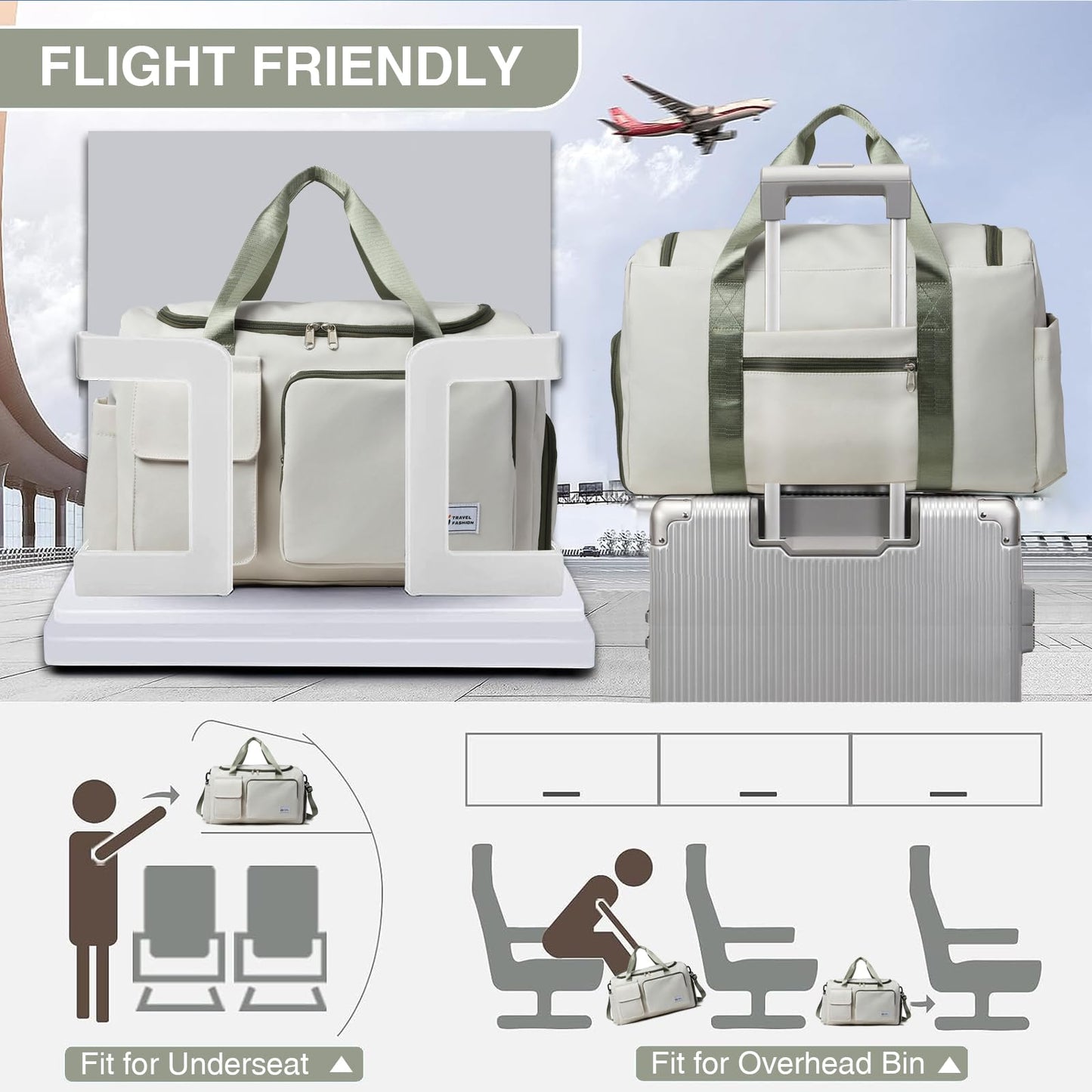 BEULPTN Small Gym Bag for Women, Waterproof Travel Duffle Bag Carry On Weekender Bag with Shoe Compartment & Wet Pocket, Gym Tote Bag for Travel, Workout, Sport, 40#Beige-Zipper