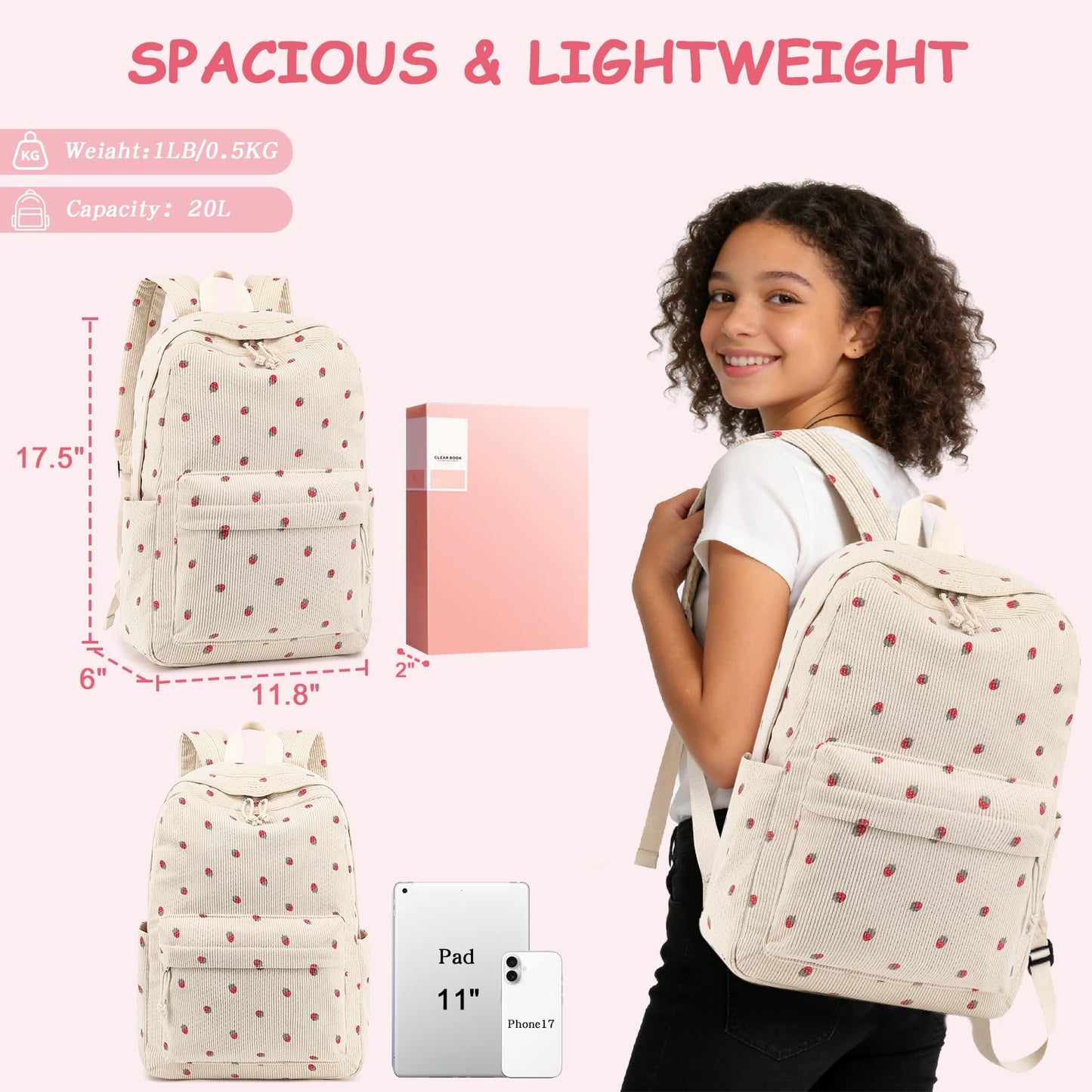 Bluboon Backpack for School Girls Women, Cute Corduroy Laptop Bookbag for Kids Teens, Durable Girls Lightweight Backpack