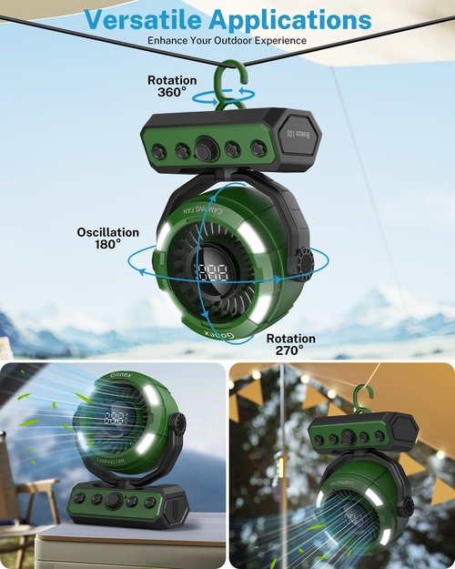 Gonex Camping Fan, Portable Fan Rechargeable 20000mAh Battery Powered Variable Speed Control Desk Fan with Light & Remote for Camping, Travel, Bedroom, Home, Fishing, Jobsite - Green