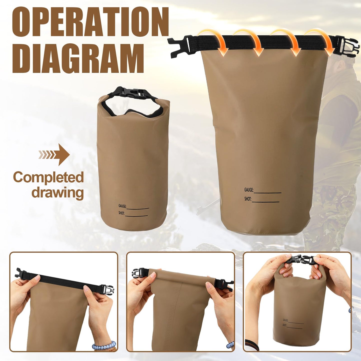 Sadnyy 2 Pack Shell Pouch 2 L Waterproof Shotgun Shell Bag Arc Welded Dry Ammo Pouch Sporting Roll-top Bag for Hunting, Shooting, Buckle Closure (Khaki)
