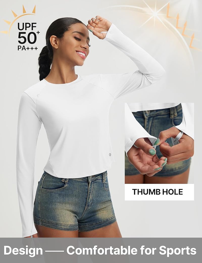 baleaf Women's Sun Shirt Crop Long Sleeve Top - White, Large
