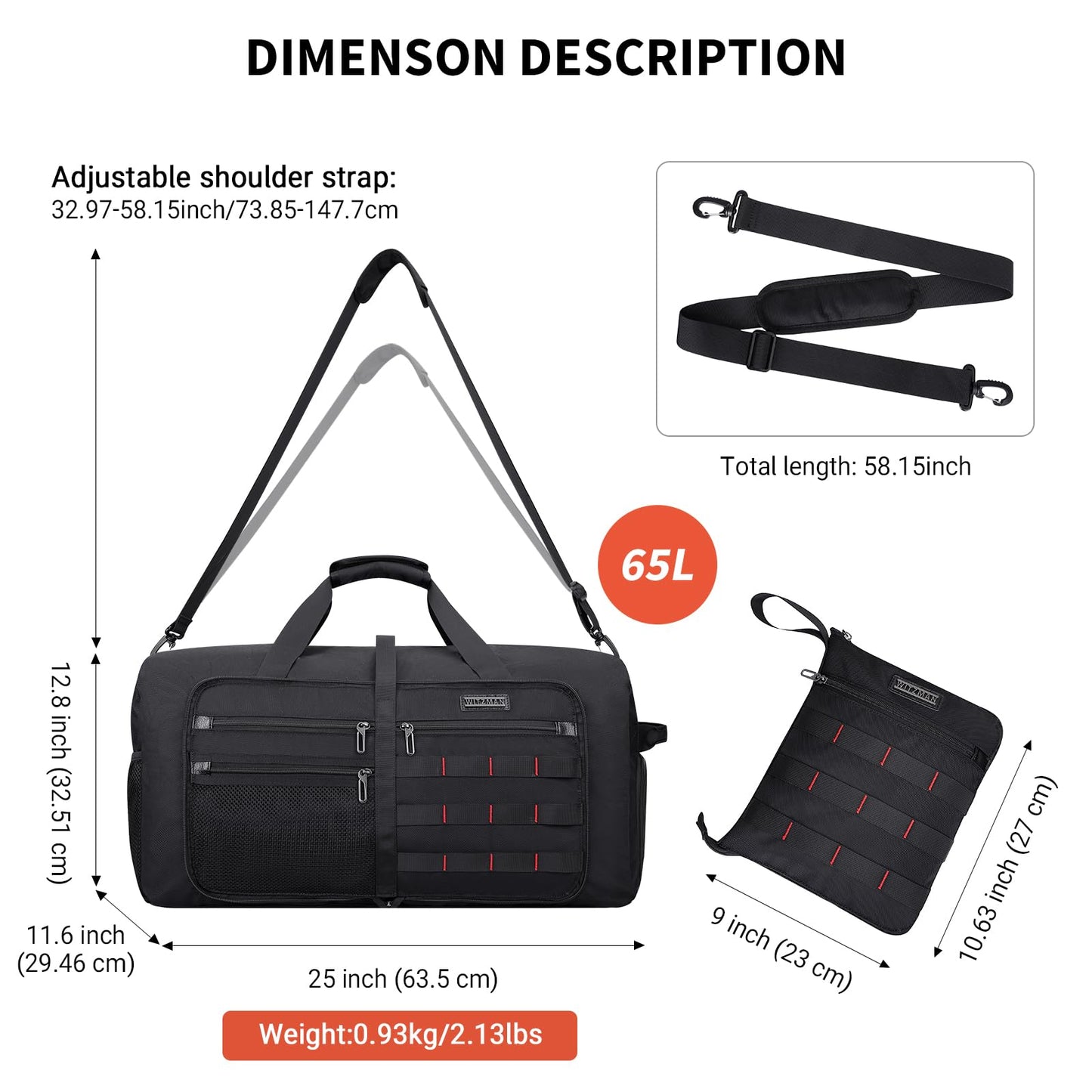 WITZMAN Foldable Duffle Bag for Men Large 65L Travel with Shoe Compartment