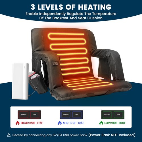 Begonia.K Double Heated Stadium Seats for Bleachers with Back Support, Portable and Lightweight Heated Bleacher Seat with Backrest, 6 Reclining Positions, 3 Levels of Heat for Outdoor Game Sports