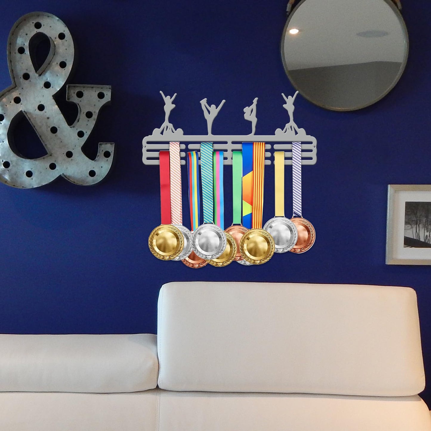 Resama Gymnastics Medal Hanger Holder Display Rack for Awards Ribbons Personalized Medal Sports Themed Race Ribbon Holder for Wall Metal Display for Men Boy Girl Kid Silver