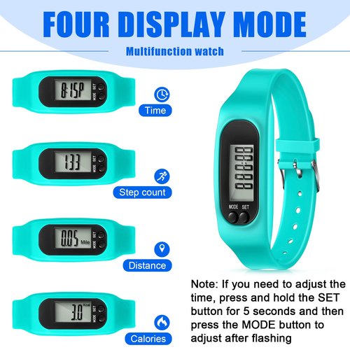 Geyoga 24 Pcs Pedometer for Walking Steps and Miles Pedometer Watch Silicone Steps Tracker Running Bracelet Ankle Step Counter for Calorie Burning and Step Counting (Mint, Blue, Black)