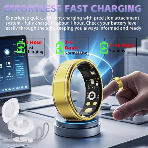 Activity Tracker Ring for Men Women – Smart Health Ring with Heart Rate, SpO2, Blood Pressure, Sleep Monitoring, Step & Calorie Counter, 5ATM Waterproof, No Subscription Fee (Gold 9)