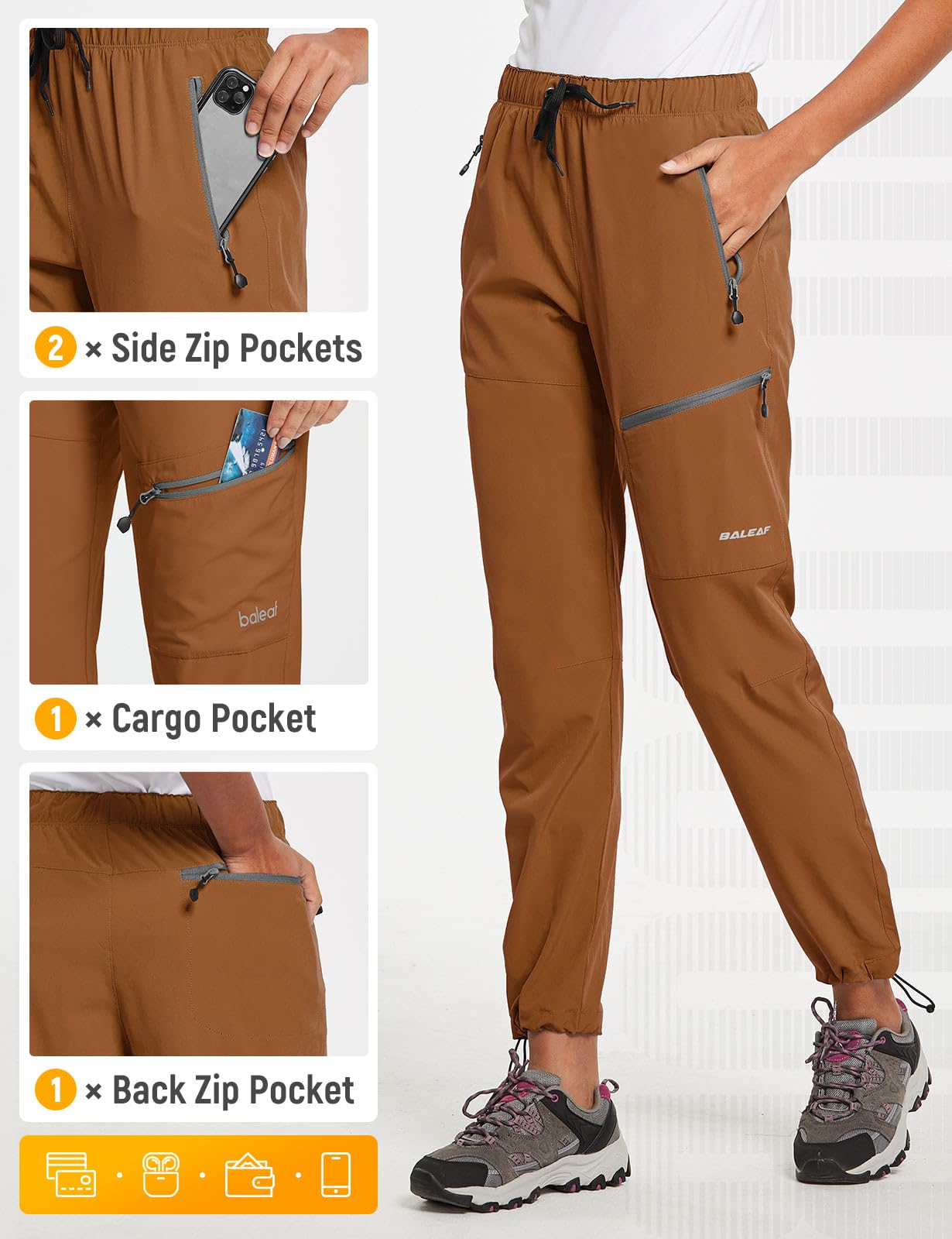 baleaf Women's Hiking Pants Quick Dry Water Resistant Lightweight Joggers Pant for All Seasons Elastic Waist Caramel Size S