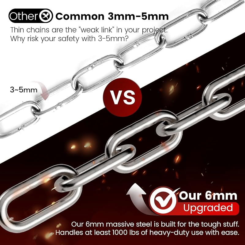 25" Hanging Swing Chain, 6mm 304 Stainless Steel, 1000 lb Capacity - Silver + 2 Pack