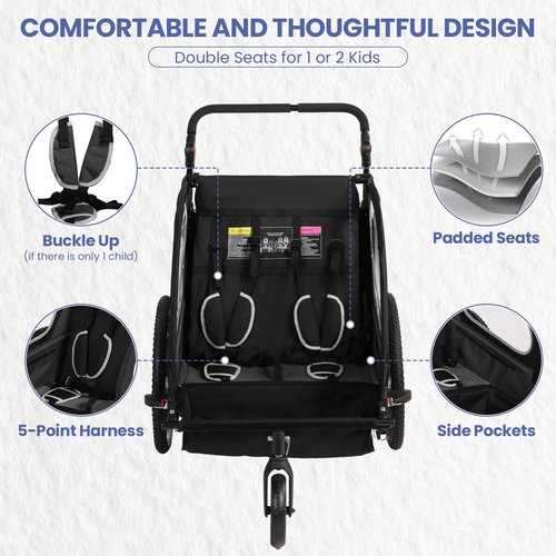 Sepnine Kids Bike Trailer, 2 in1 Canopy Carrier Converts to Pushcart Suitable for 1 to 2 Toddlers, Kids, Quick Attach to Bike, Foldable, with 5-Point Harness and Storage Bags