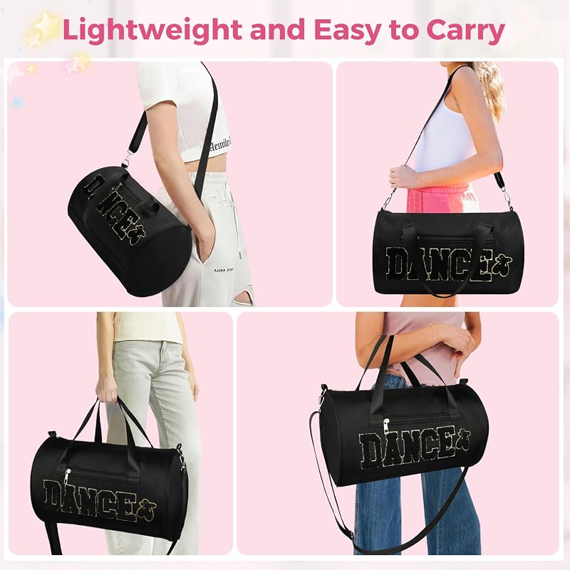 KUIRAN 23L Dance Duffle Bag for Girls with Colorful Chenille Lettering - Black/Gold, Medium