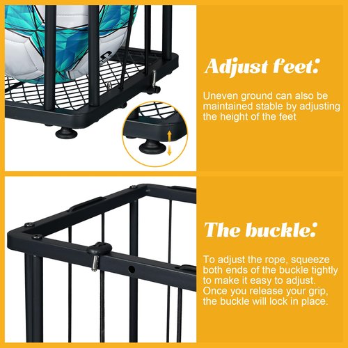 Garage Ball Storage Wall-Mounted & Floor Sports Equipment Organizer: Sports Ball Rack with Elastic Rope, Ball Holder for Basketball, Soccer, Volleyball, Football, Garage, Gym, Black(Patent Pending)
