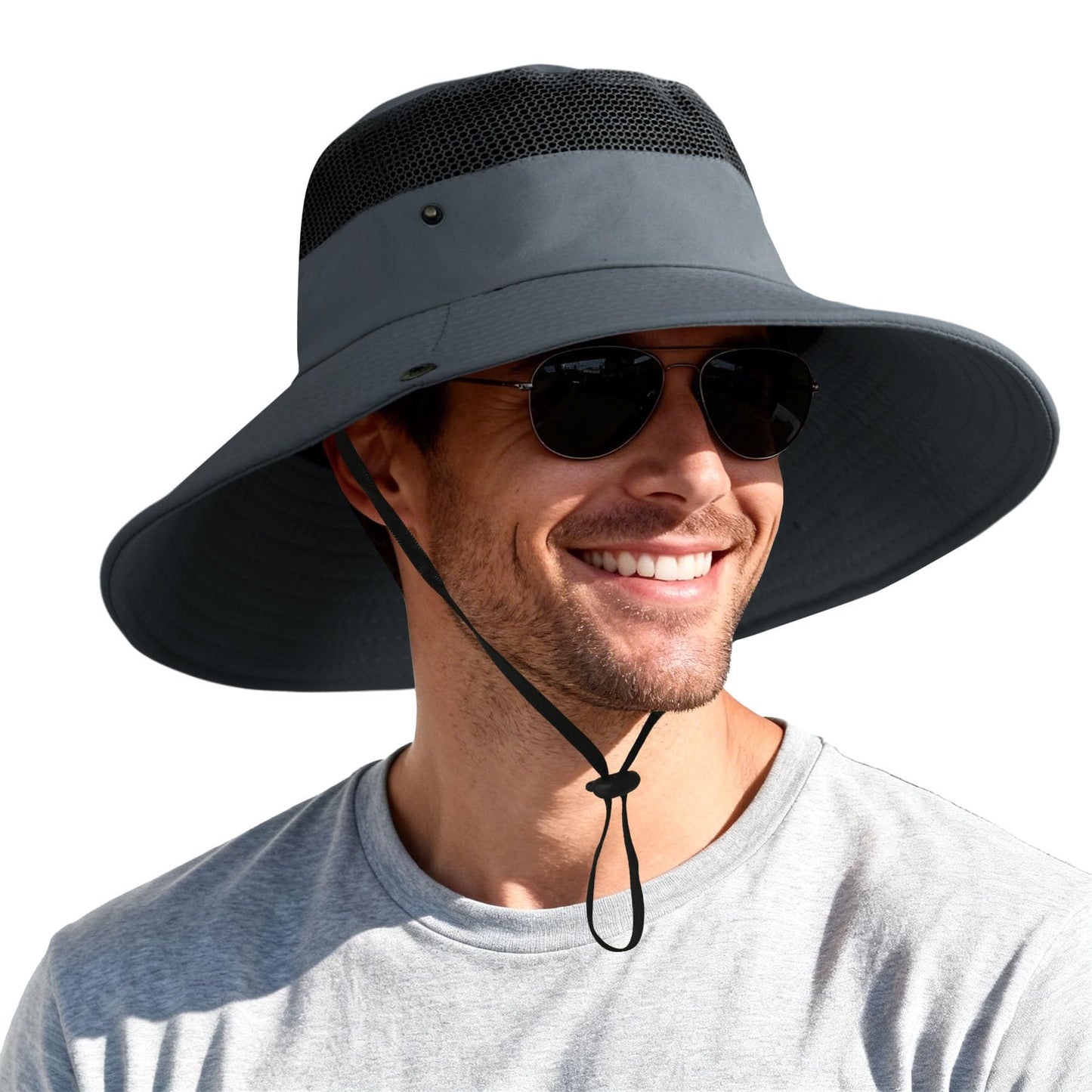 PFFY Sun Hats for Men Women Wide Brim Bucket Hat UPF 50+ Outdoor Beach Hiking Fishing Hat Darkgray (with Top Mesh)