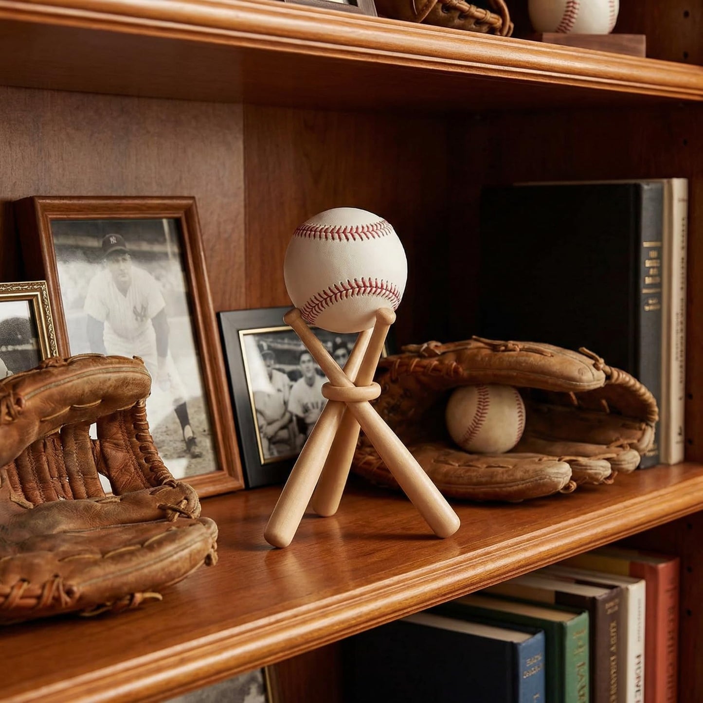 Honoson Baseball Stand Holders Balls Display Bat Wooden Stand Holder Display Centerpieces Tables for Baseball Sports Lover(1 Pack)