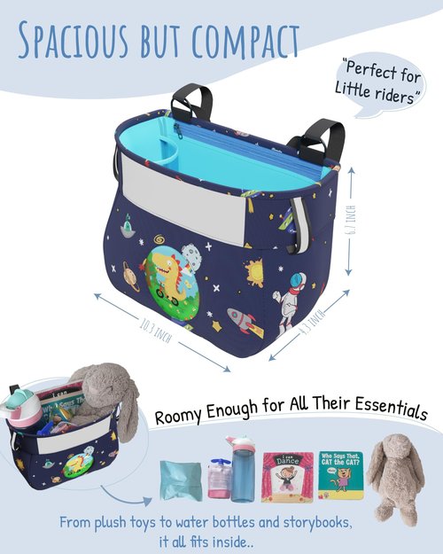 JOZidea Kids Bike Basket – Safety Reflective Strap Design on Bike Basket Front – Clear Front Window with 5 Swappable Cards – Cute Scooter & Bicycle Bag for Boys Girls Toddlers (Space Ride)