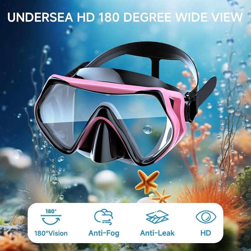 Qheng 180° Panoramic Snorkeling Mask & Dry Top Snorkel Set - Black+Pink