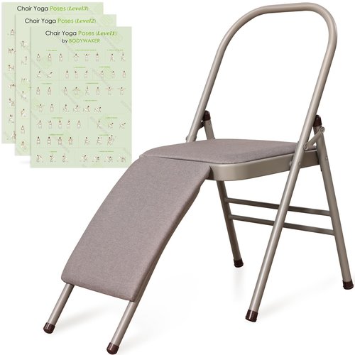 Foldable Yoga Auxiliary Chair with 3 Training Guide Posters for Versatile Exercises, Yoga Assist Handstand Chair with Detachable Lumbar Back Support for Stretching, Balance Training. (Grey)