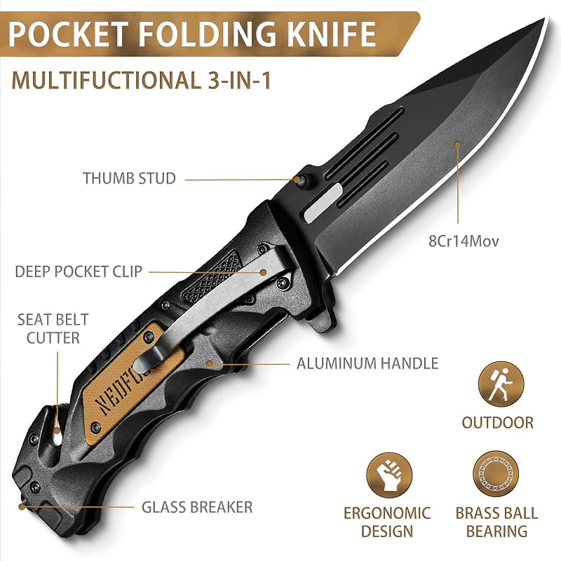 NedFoss Pocket Folding Knife DA75 3-in-1 with Black Edge+ 3.9" Variation: Black-Standard Edge+3.9"