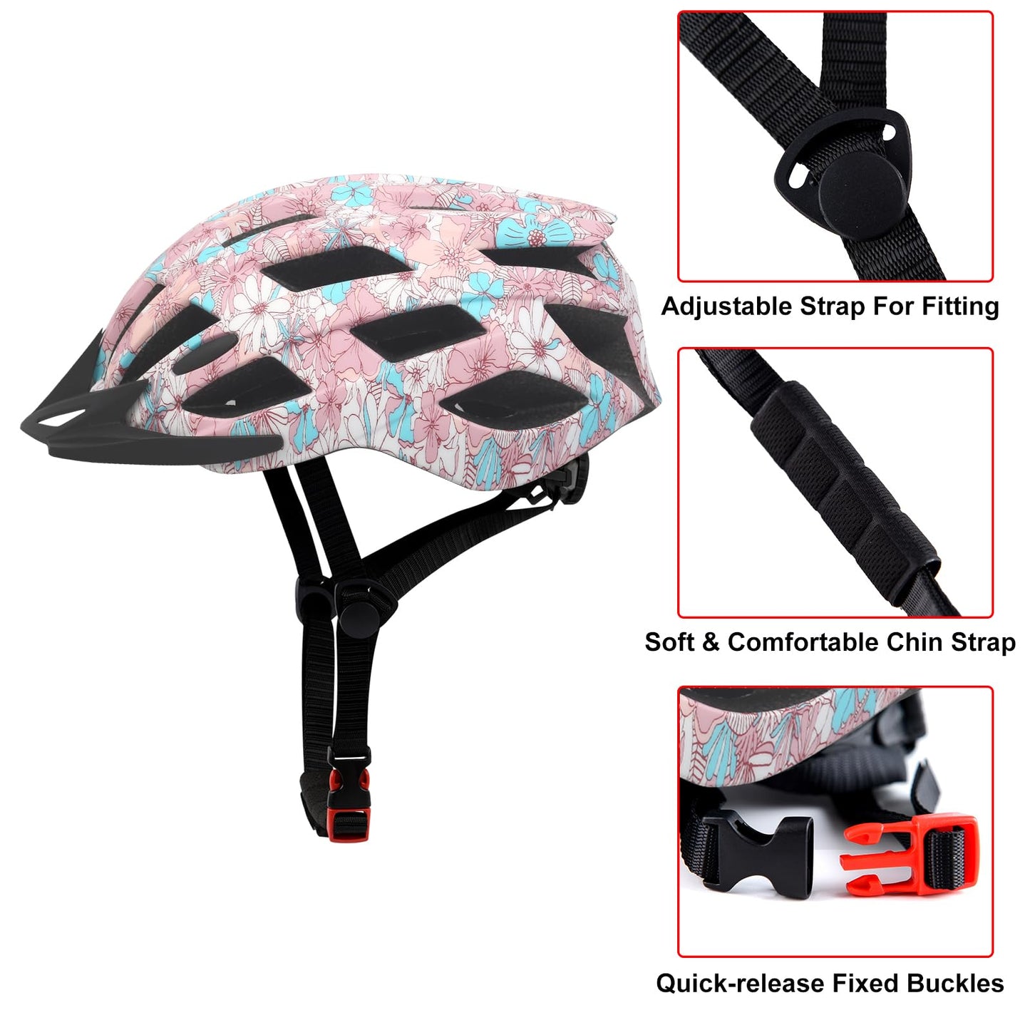 Adult Bike Helmets, Adjustable Mens Womens Bicycle Helmet, Lightweight Road Mountain Cycling Safety Sports Helmets with Detachable Visor Pink Flower L