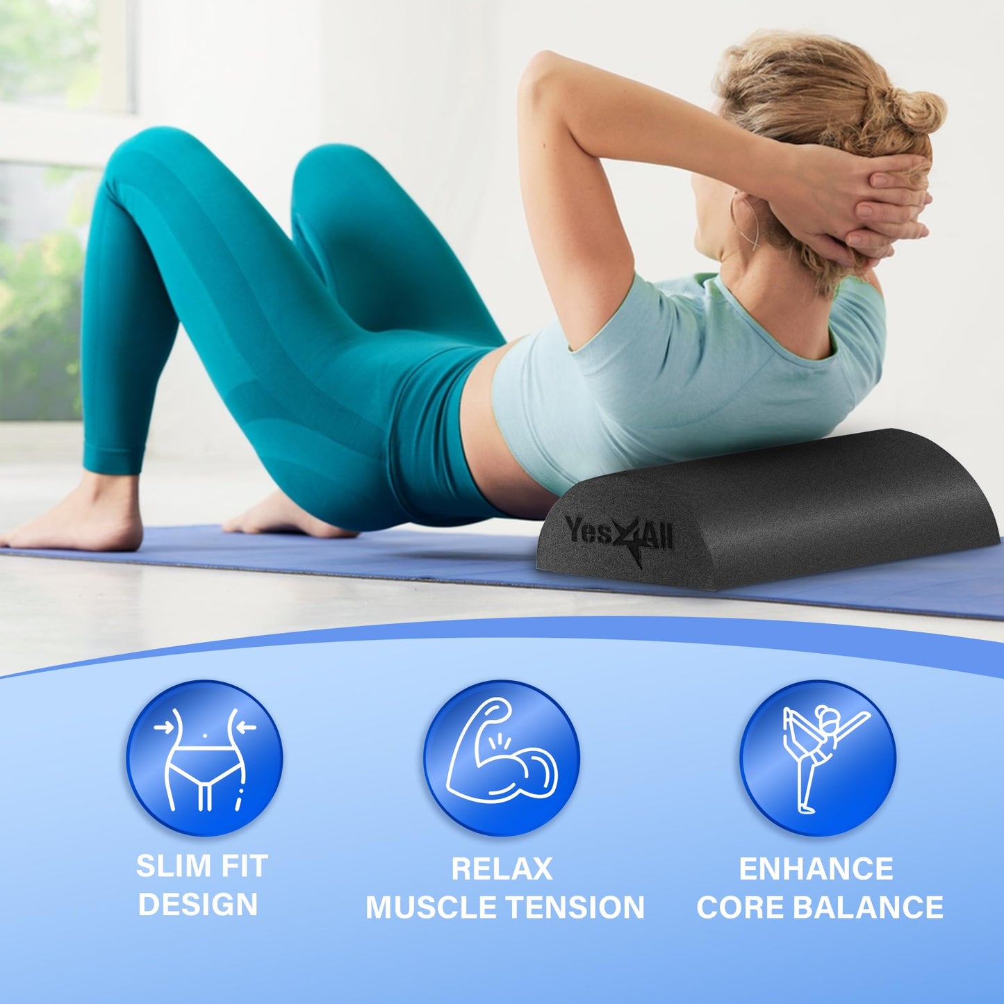 Yes4All Half Foam Roller, PE Material, Medium Firm, Back Roller for Stretching, Mobility, Yoga & Pilates, Black, 18 Inch