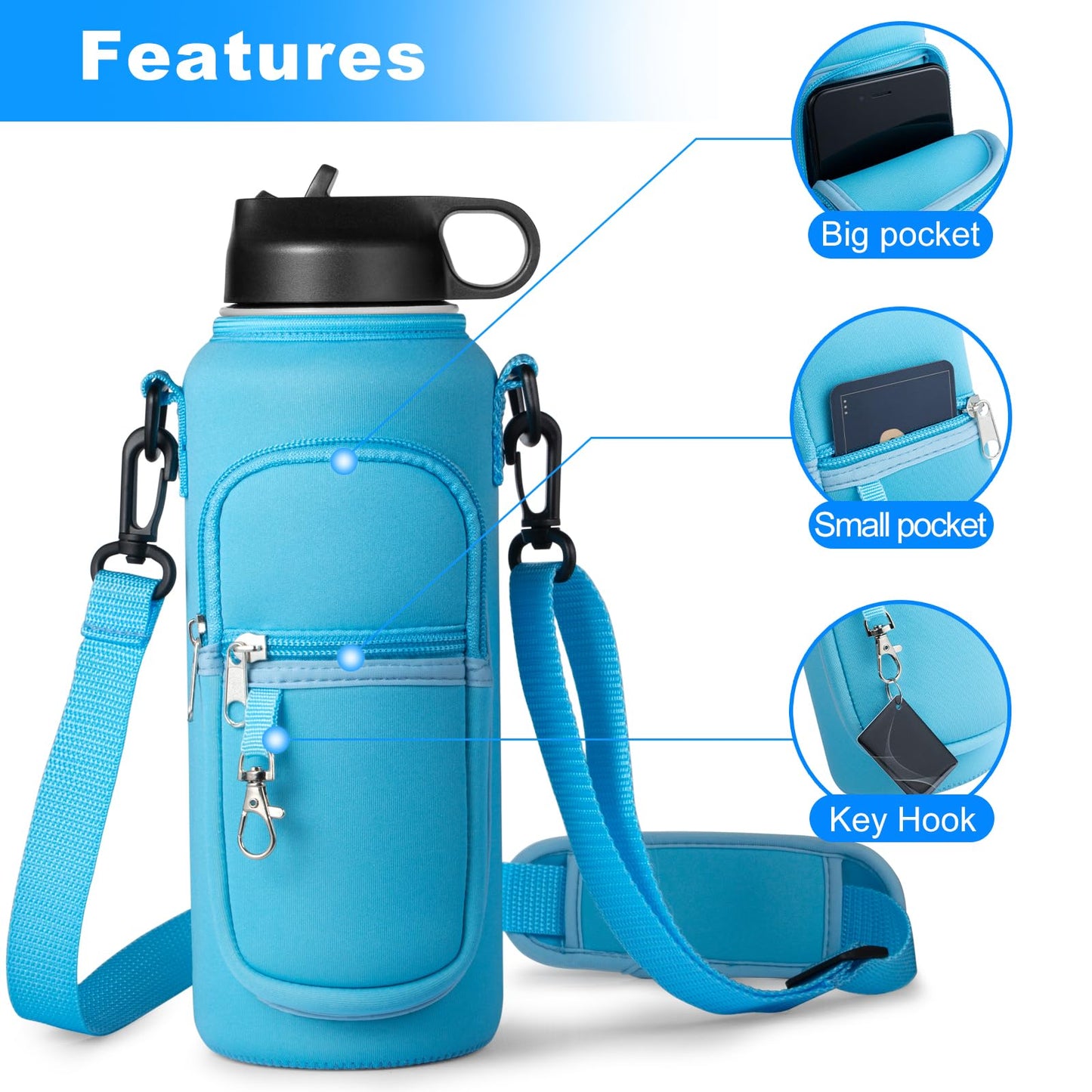 RRegeny Water Bottle Holder with Strap for Hydroflask 32oz 40oz, Carrier Sling Bag with Phone Pocket Sleeve for Men Women Hiking Camping Travelling（Blue 40oz）