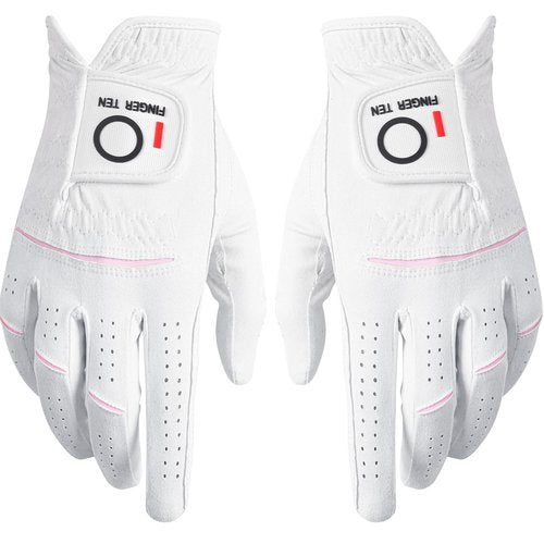 FINGER TEN Womens Ladies Golf Rain Gloves Pair Both Hand or 2 Pack Left Right Hand, Wet Hot Cool Grip, Fit Small Medium Large XL (White, Medium, Ambidextrous)