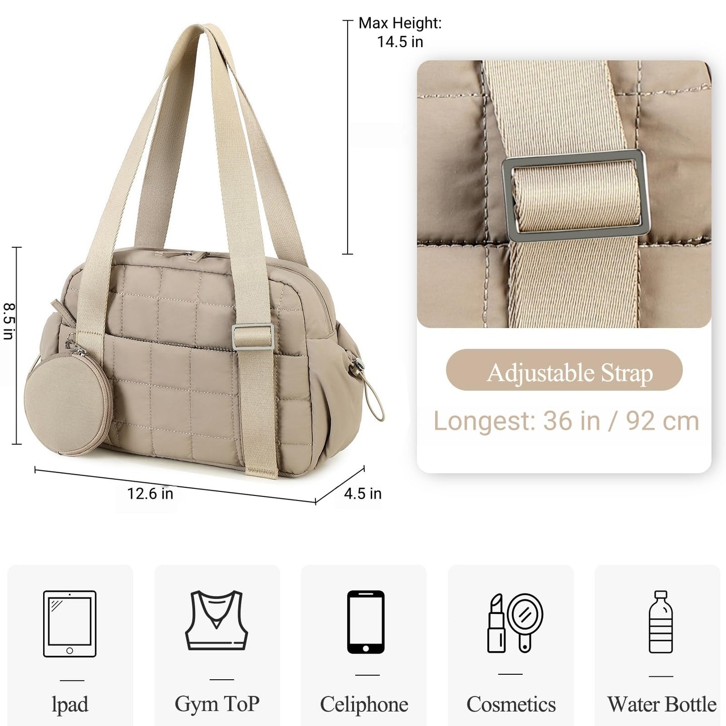 CAMTOP Mini Gym Bag for Women, Small Gym Tote Bag Puffy Quilted Sports Duffel Bag with Wet Compartment and Coin Purse Duffel Bags Dance Yoga Workout Bag for Gifts (Camel, Mini-12.6")