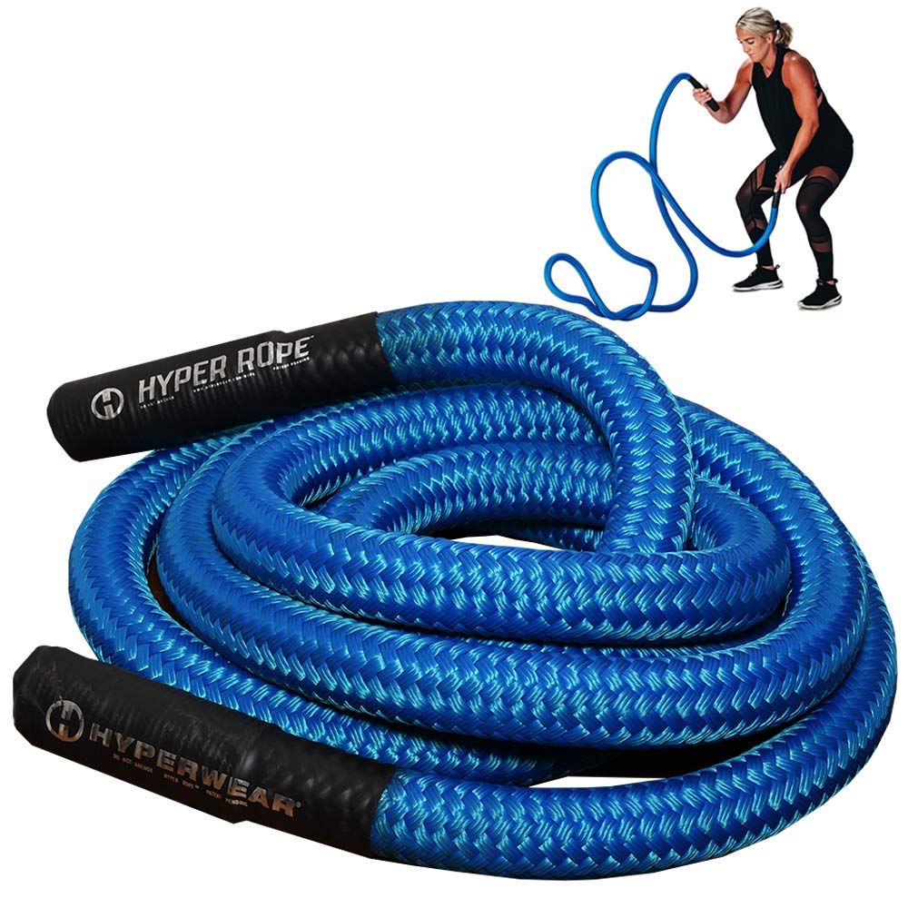 HYPERWEAR Hyper Rope Weighted Short Battle Rope, 15 lbs, 1.5in x 20ft, Anchor Optional, Full-Body Workouts (Blue)