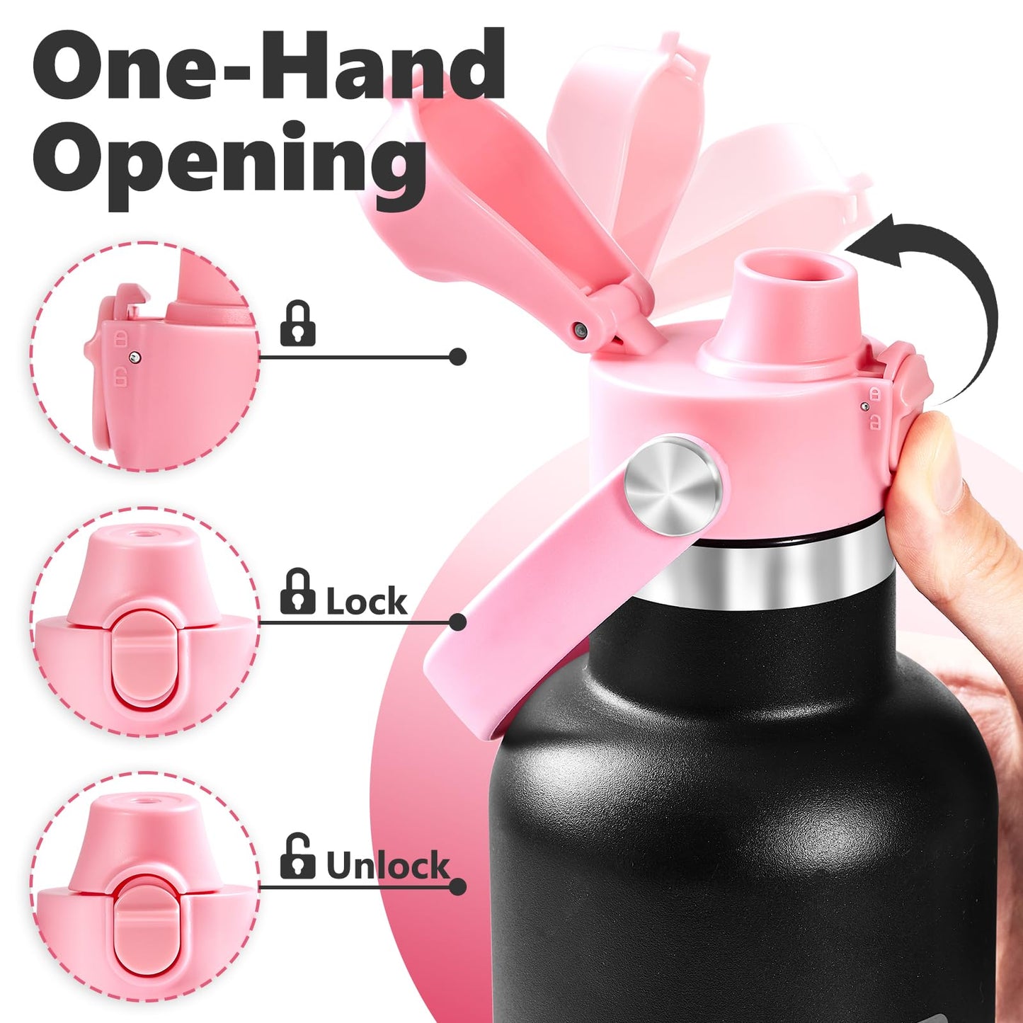 Auto Flip Lid for Hydro Flask Standard Mouth Bottle, Spout lid for HydroFlask Narrow Mouth Bottle, Replacement Lid with Button Lock, Pink