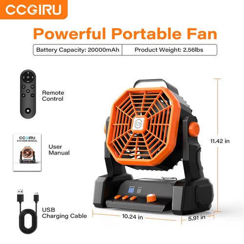 Portable Camping Fan Rechargeable with Inductive Charging Function, 20000mAh Battery Operated Fan with Lights, Outdoor Battery Powered Fan with Remote, 3 Timer for Picnic, Fishing, Travel, Home