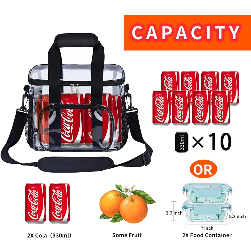 Clear Lunch Bag for Work Stadium Approved, 8x10x7in, 12-Can Capacity - Black + 10 Cans