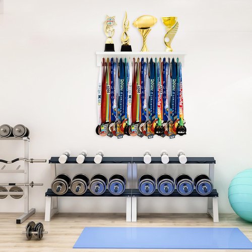 Threehoney Wooden Medal Holder Display Trophy Hanger Shelf with 25/37/49 Hooks for Wall Mount Ribbon Holder Gift for Gymnastics Running Soccer Awards(24 x 4 x 4 Inch,White Shelf Golden Hooks)