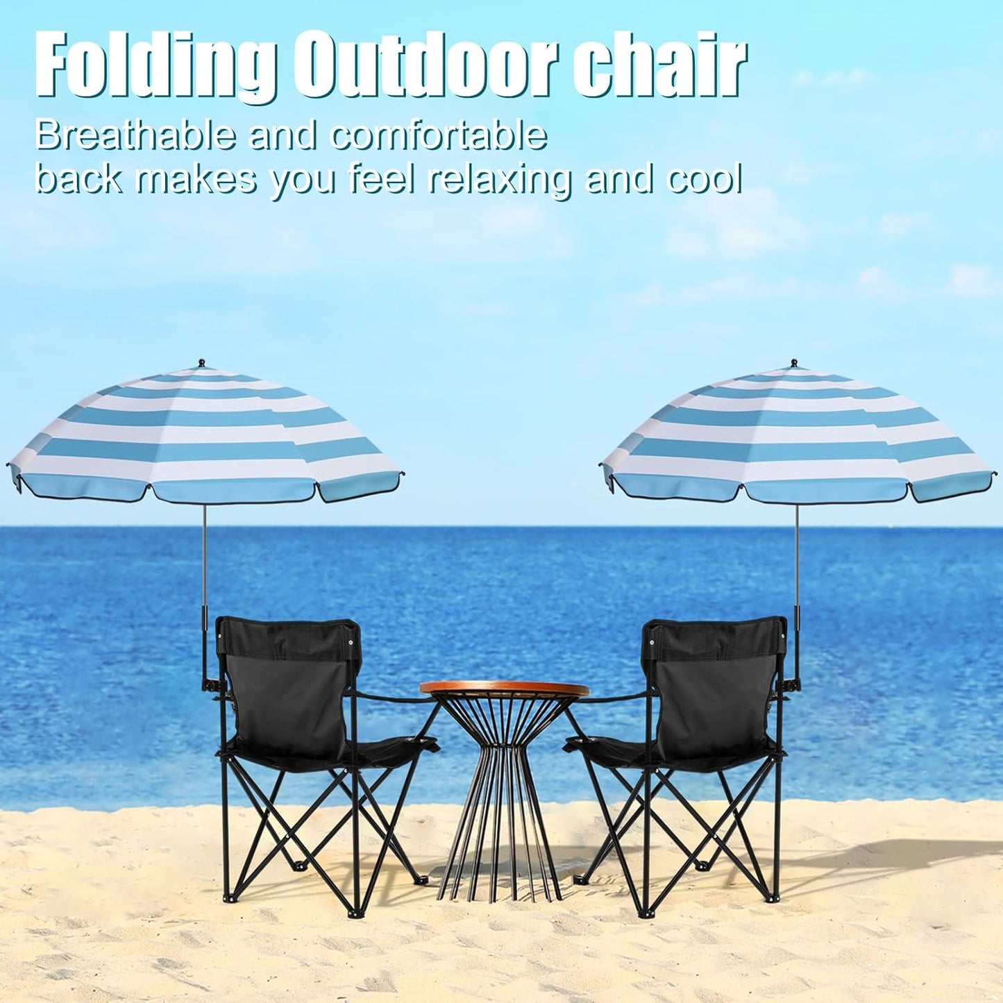 2 Sets Beach Chair with Umbrella Foldable Camping Chair Fold up Umbrella with Universal Clamp Large Portable for Outdoors Fishing Camping Hiking Travel Picnic Beach (Black,Blue,White)