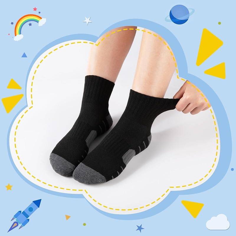 12 Pairs Boys Athletic Socks Cushioned Quarter Crew with Arch Support – Var: 12 Pairs Black, 7-10 Years