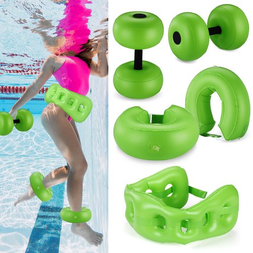 RoundFunny 5 Pcs Water Workout Combo Set Includes PVC Water Dumbbell Weight Swimming Float Belt Soft Padded for Aerobics, Pool Fitness, Exercise(Green,Classic Style)