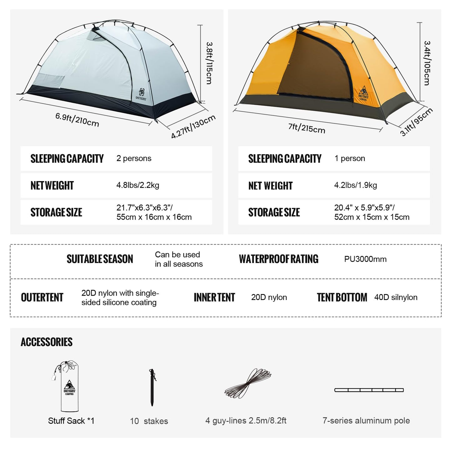 OneTigris Stella 4 Season Camping Tent Backpacking 2 Person Waterproof Lightweight Easy Setup Instant 3000mm Waterproof Rating Outdoor Hiking Tent