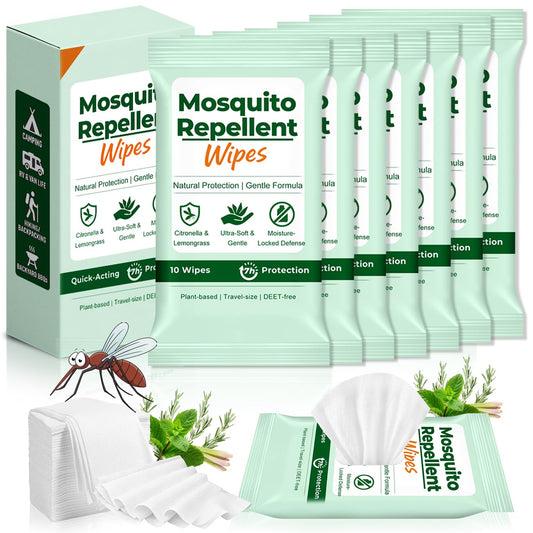 70 Count Natural Mosquito Repellent Wipes, Portable Travel-Size Insect Bug Repellent Wipes in Resealable Pouches, 10 Wipes per Pack, for Camping, Hiking, Travel, Patio Outdoor Protection