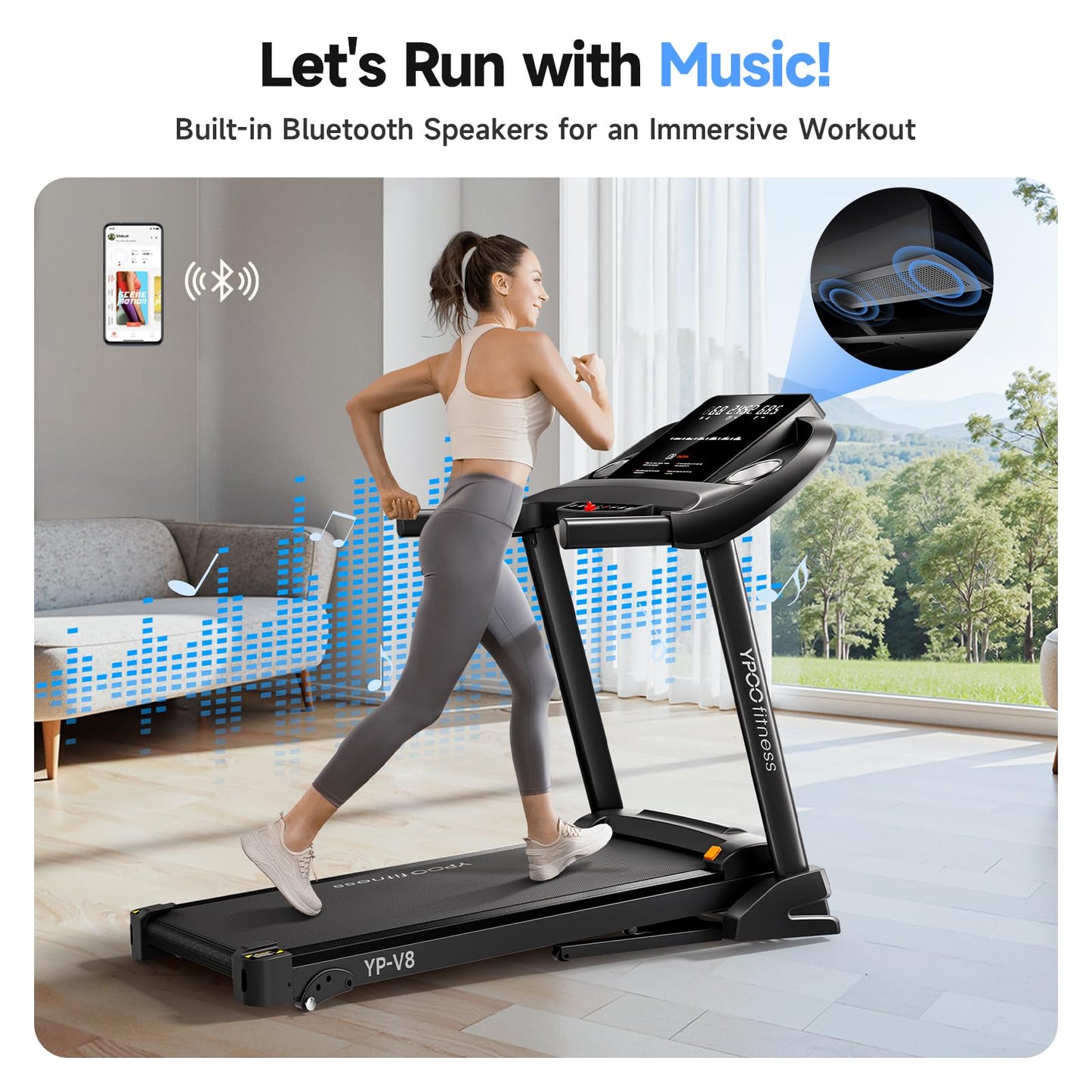 YPOO Treadmills for Home with Incline, Auto Foldable Running Treadmills, 8.0 MPH Walking Pad Treadmill with Bluetooth, 300 lbs Weight Capacity Quiet
