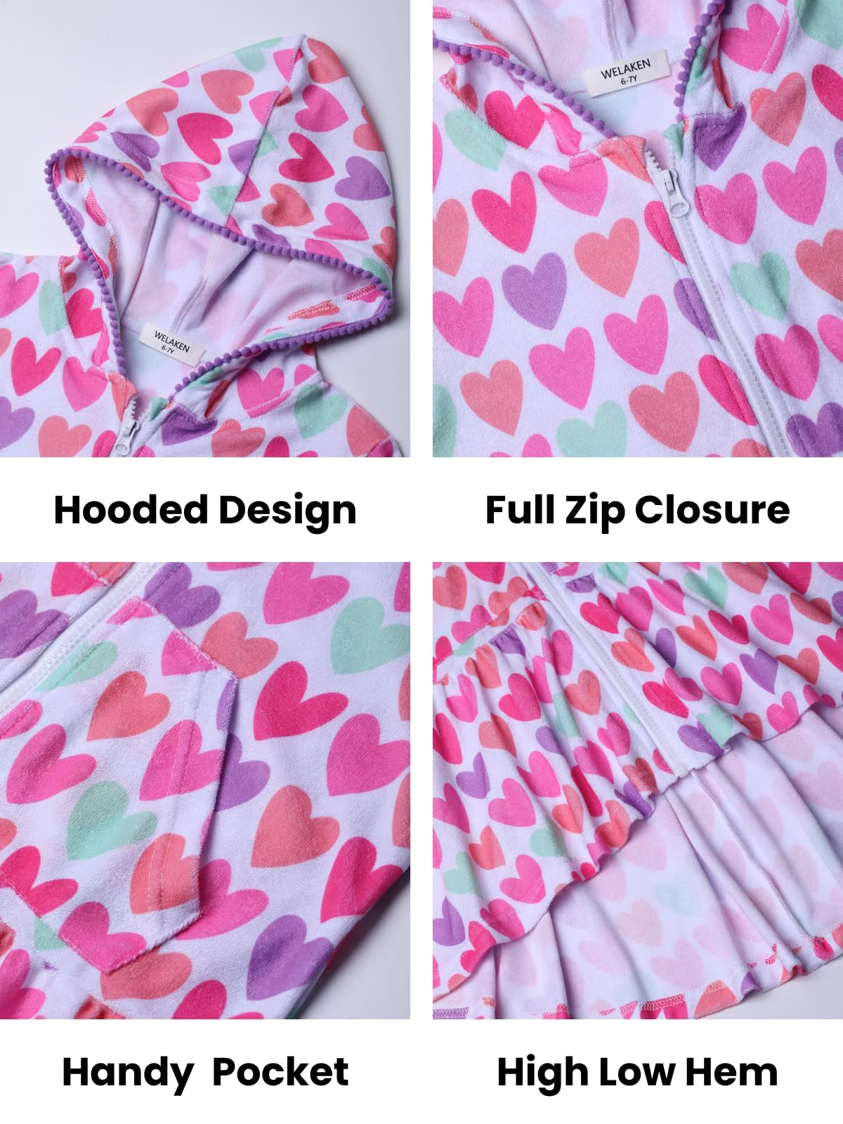 WELAKEN Girls Hooded Terry Swim Cover-Up Dress Full Zip Cute High-Low Hem Beach Dress with Pockets for Toddlers & Kids,Heart,6-7Y