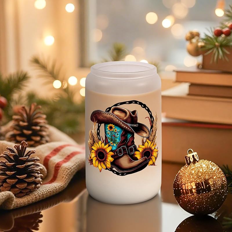 Cowgirl Glass Cup - 16 oz Western Boots & Hat Design with Gift-Ready Packaging
