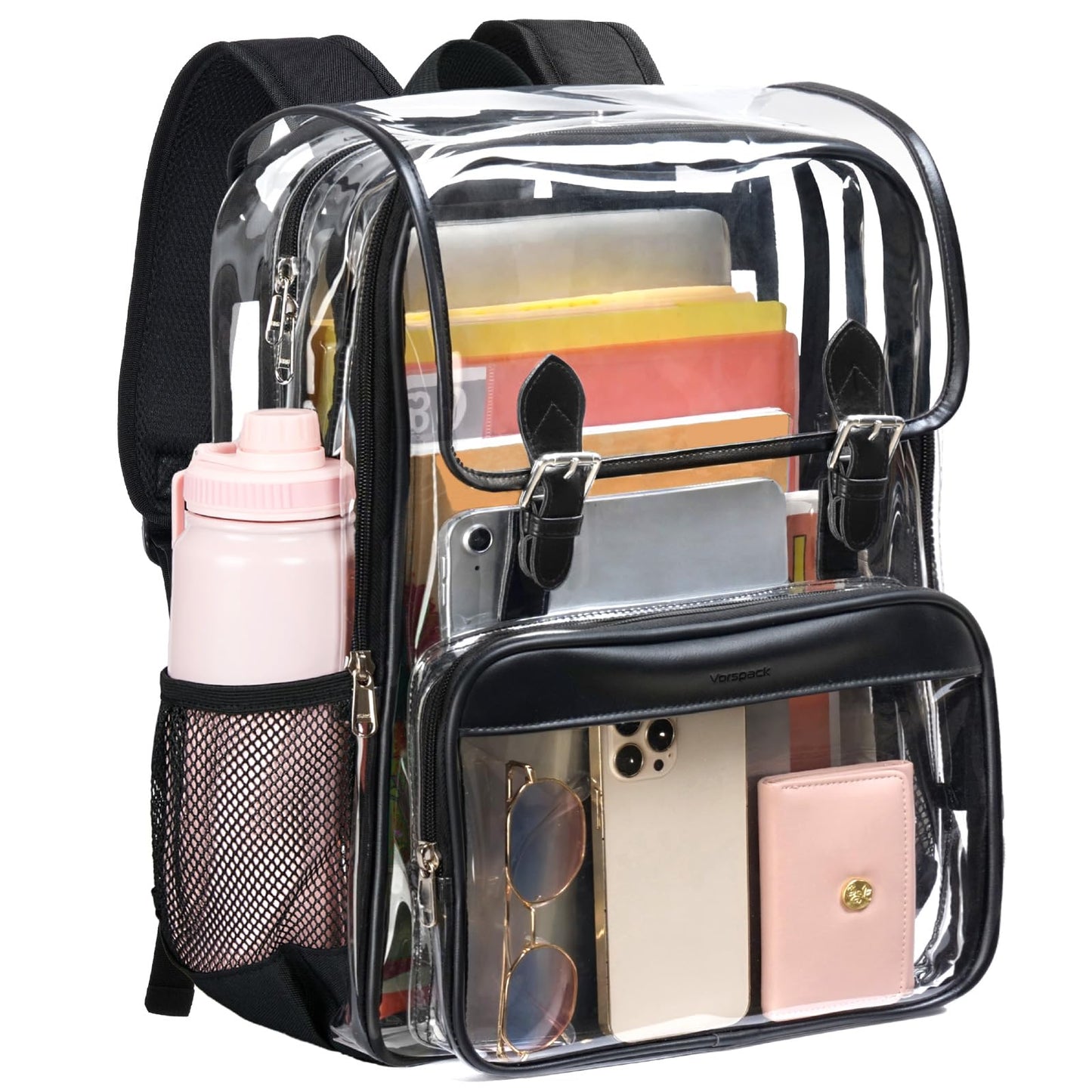 Vorspack Heavy Duty Clear Backpack - Large See Through Bookbag Transparent Backpacks for College, Work, Travel - Black