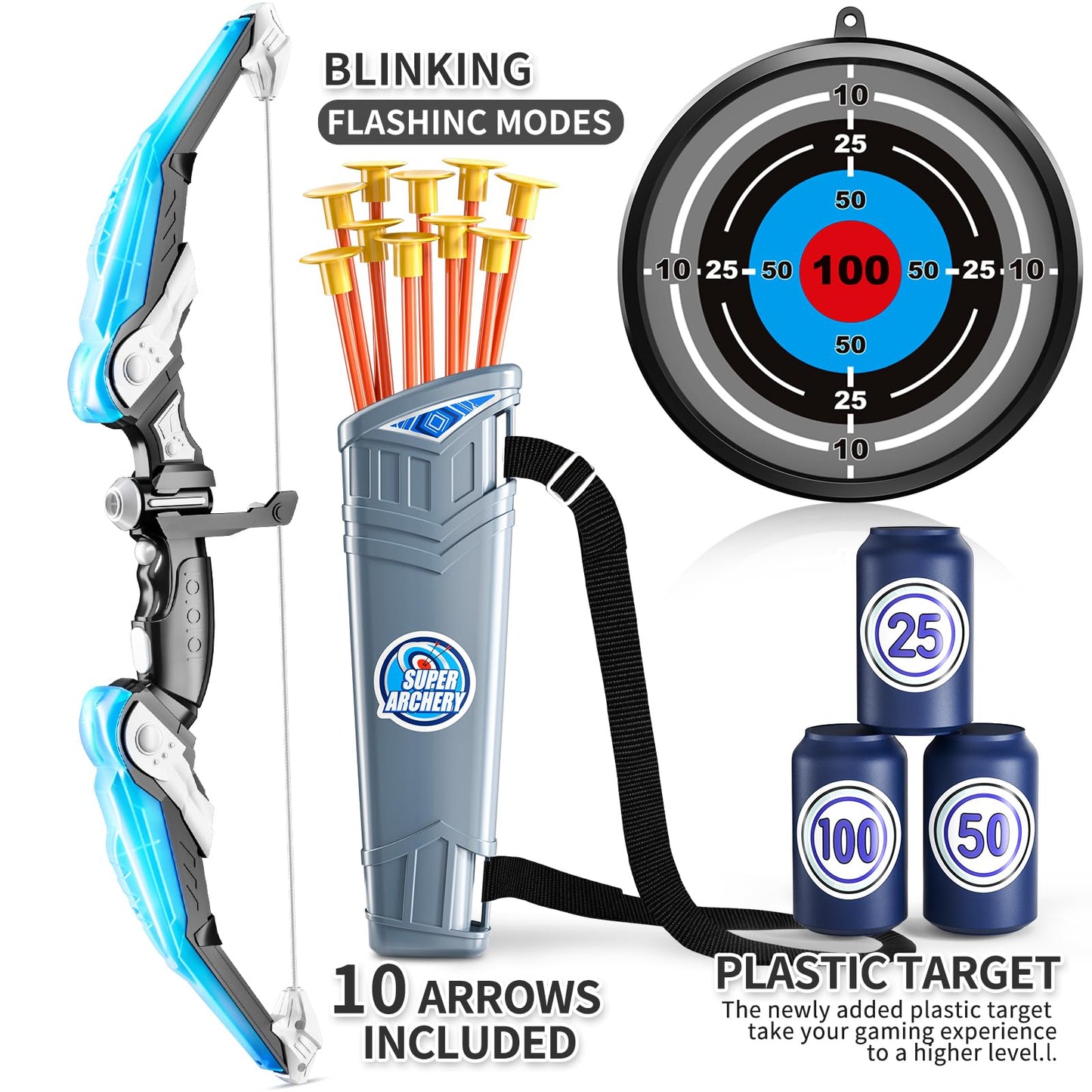 TEMI Kids Bow and Arrow Set - LED Light Up Archery Toy Set with 10 Suction Cup Arrows, 4 Target & Quiver, Indoor and Outdoor Toys Archery Boys Toys Gifts for 3-12 Years Old Boys Girls