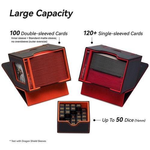 Mage Tech Card Deck Box for MTG Commander - Patented Design, Commander Display, Fits 100 Double-Sleeved Cards, 35pt Card Brick & Dice Tray - Black/Purple