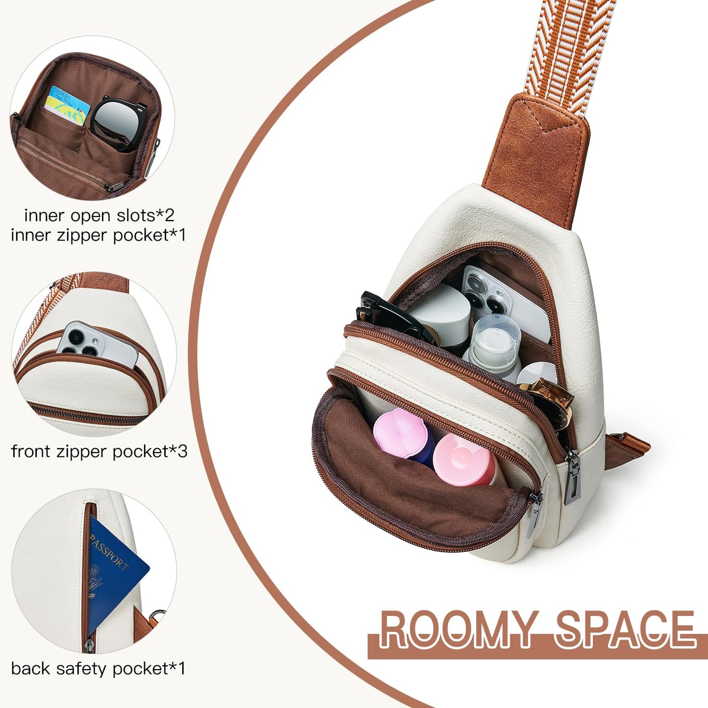 Leresas Sling Bag for Women Crossbody Bags Fanny Packs Sling Purses Backpack Vegan Leather Over the Shoulder Bag Trendy Gifts Handbag Travel Purse Beige