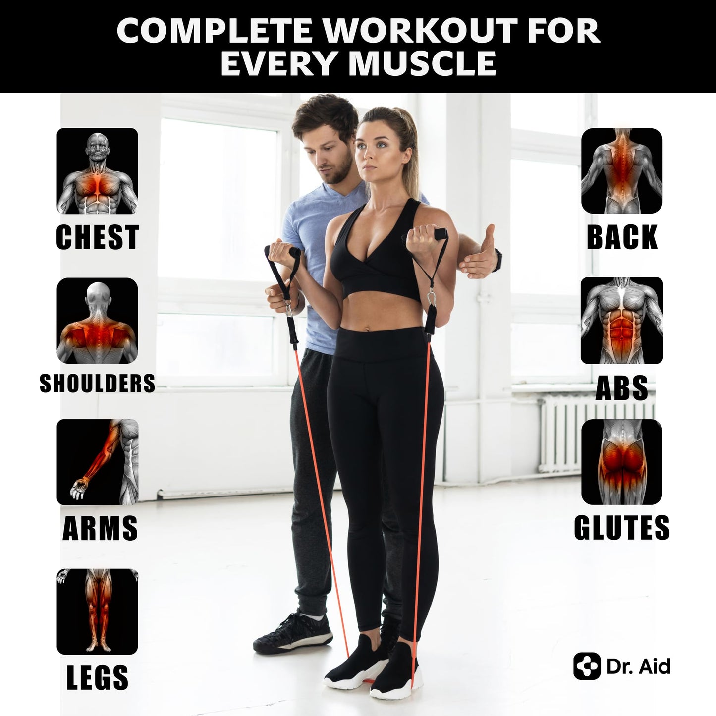 Dr. Aid Resistance Bands with Handles - 5 Stackable Exercise Bands for Working Out, Pure Latex, Smell-Free & Tear Resistant - Workout Resistance Set for Physical Therapy, Strength Training & Stretch