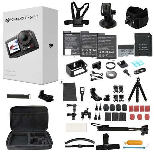 DJI Osmo Action 5 Pro Standard Combo,with 58 Piece Accessory Kit and 2 Extra Batteries + 64GB Card - Waterproof Action Camera with 1/1.3" Sensor, 4K/120fps Video, Action Camera 4K Ideal for Sports