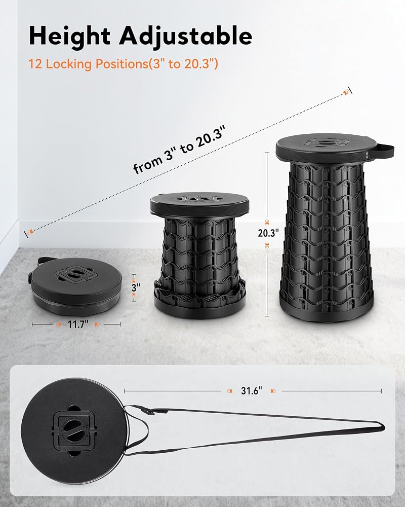 Imodomio Portable Heavy Duty Collapsible Stool - Adjustable Camping Chair (Black)