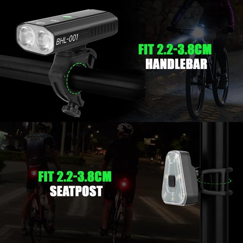 Bike Lights for Night Riding, 2000 High Lumens Super Bright LED Headlight and Back Taillight Set, 5+5 Modes USB-C Rechargeable Waterproof Bicycle Light Front and Rear for Road Mountain Urban Cycling