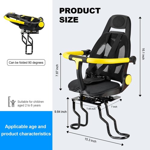 OUSEXI 2025 New Rear Child BikeSeat, Adiustable BackrestRear Bike Seat, Foldableand Rotatable RearMounted Child Bike Seat Child Rear Seat with ThickBackrest, Suitable for MostBicycle (Black)