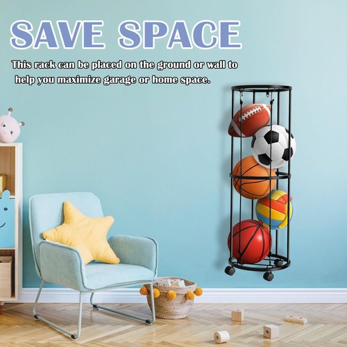 RunNico Columnar Vertical Ball Racks- 40x13.2 Inch Rolling Basketball Holder Wall Mount-Garage Sports Ball Storage for Indoor Rooms and Gyms