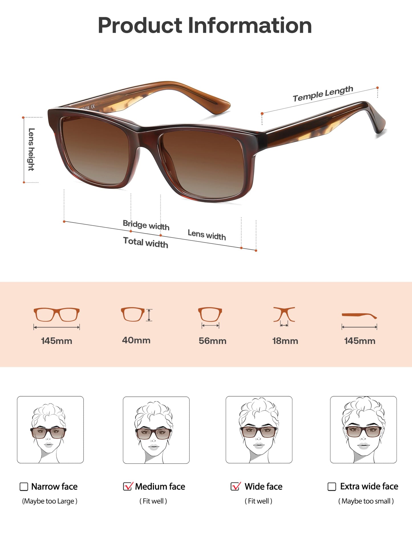 SOJOS Rectangle Polarized Sunglasses for Men Women Classic Acetate Frame UV Protective Wide Vision Shades SJ3115, Brown/Brown